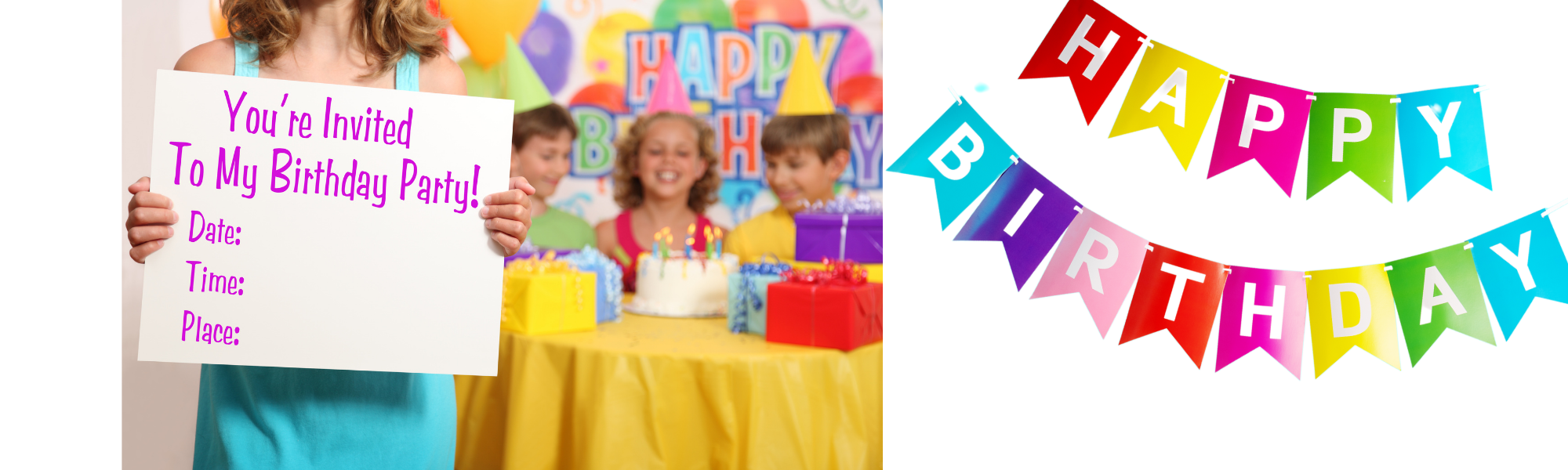 birthday banner and party invitation collage 
